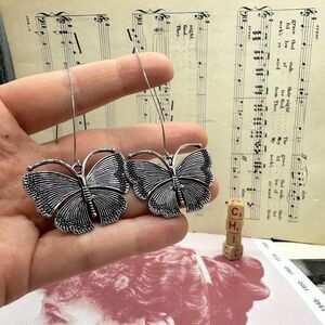 Hanging Butterfly Earrings Silver Tone Lightweight